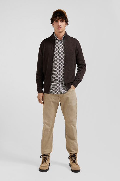 Cardigan zippé en laine et coton uni marron - Image 1