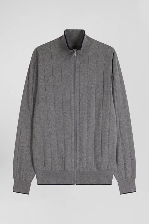 Regular grey cotton and cashmere zipped cardigan with vertical stripes - Image 2