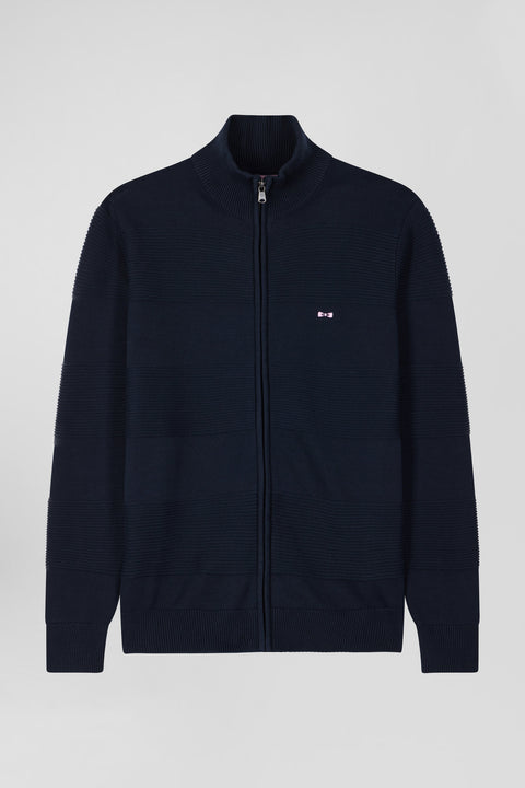 Cardigan zippé en coton uni bleu marine à jeu de maille - Image 2