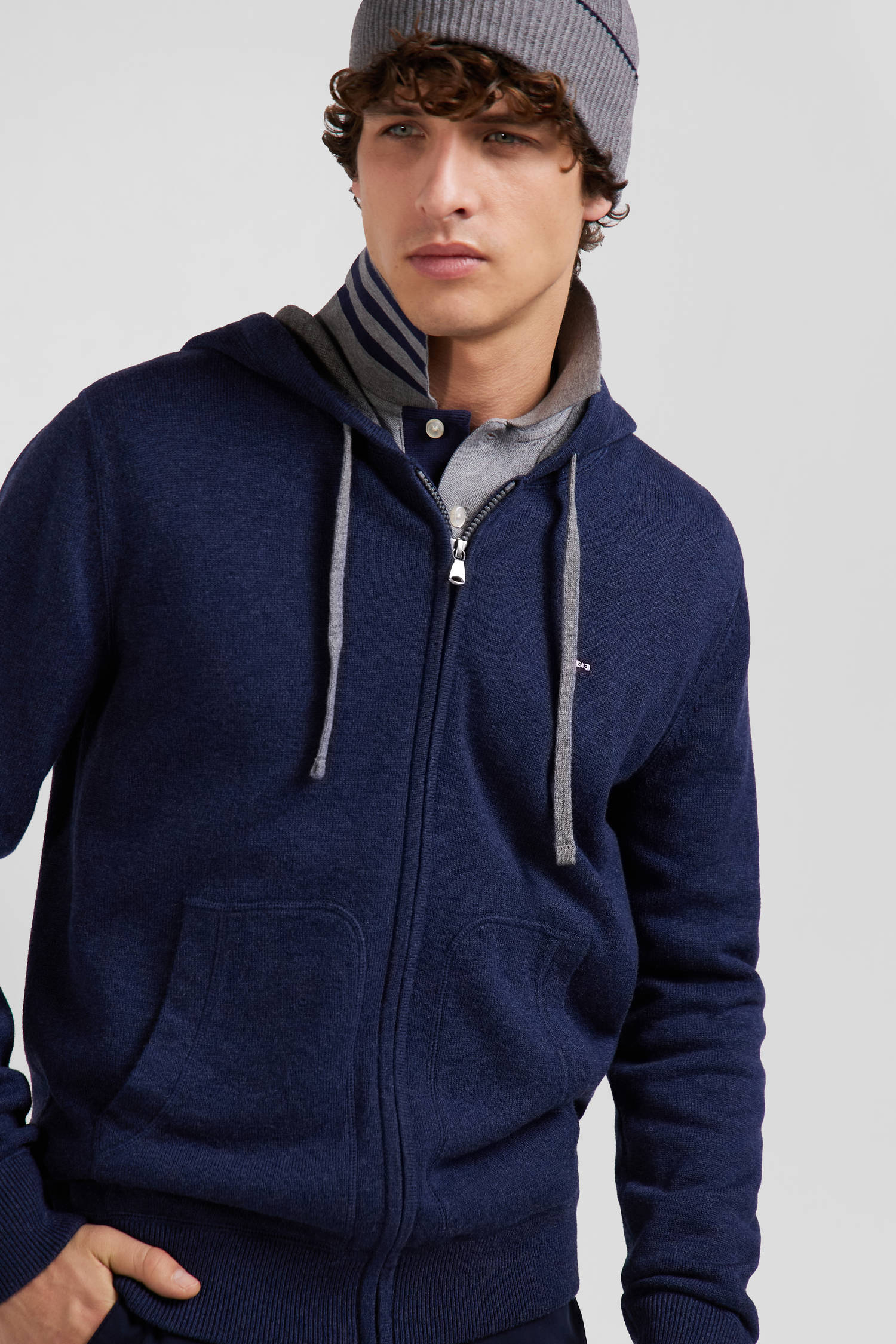Regular navy blue wool and cotton knitted zip up jumper Eden Park