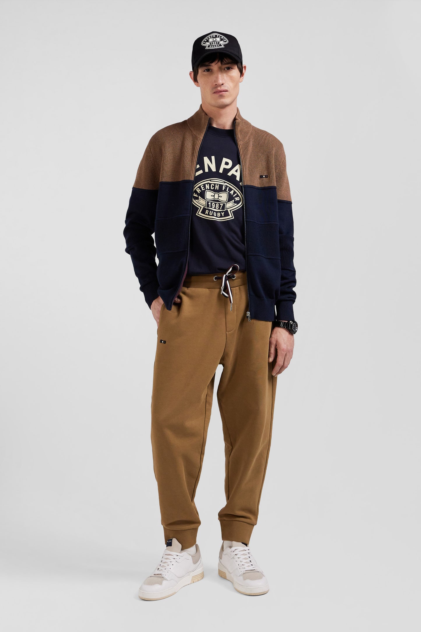 Navy and hazelnut cotton cardigan with zip and stand-up collar