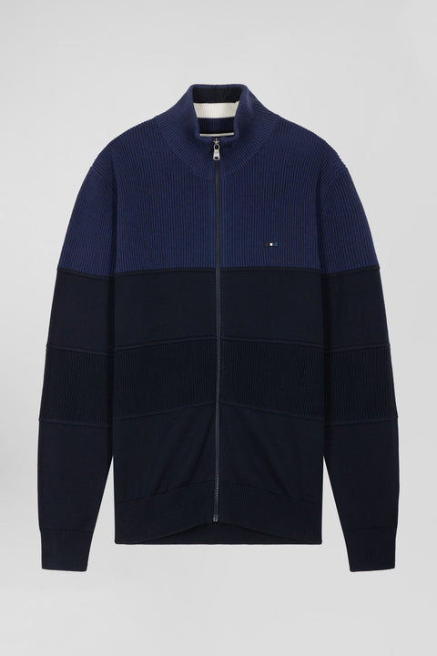 Regular navy blue and blue cotton high collar zipped cardigan - Image 2