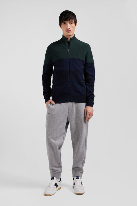 Cardigan zippé à col montant marine et vert en coton - Image 1