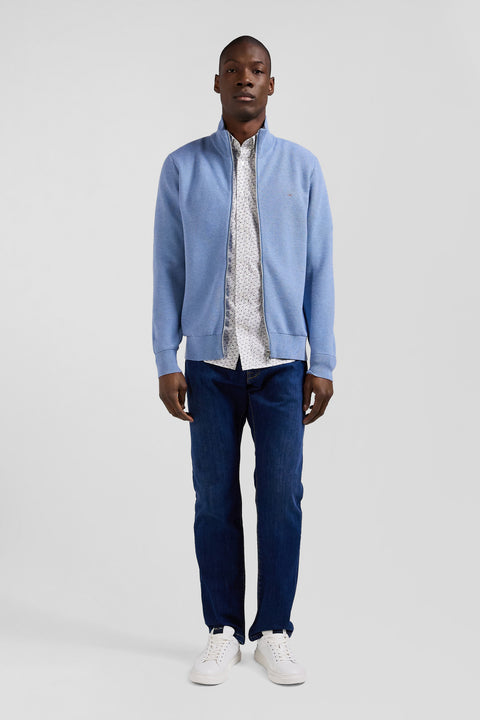 Regular plain sky blue cotton high collar zipped cardigan - Image 1