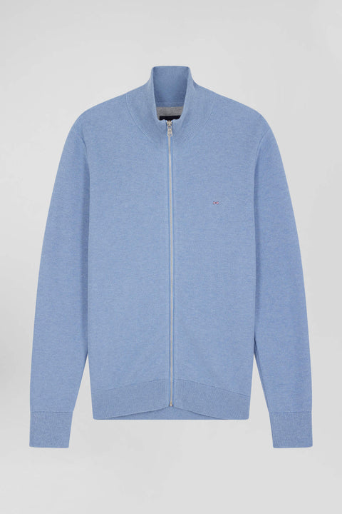 Regular plain sky blue cotton high collar zipped cardigan - Image 2
