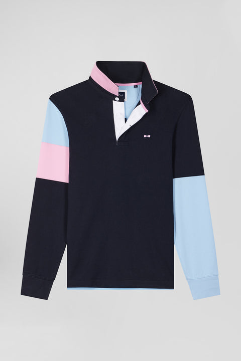 Regular navy blue long-sleeved cotton rugby shirt with tie fabric patchwork - Image 2