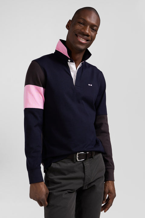 Regular brown long-sleeved cotton rugby shirt with tie fabric patchwork - Image 3