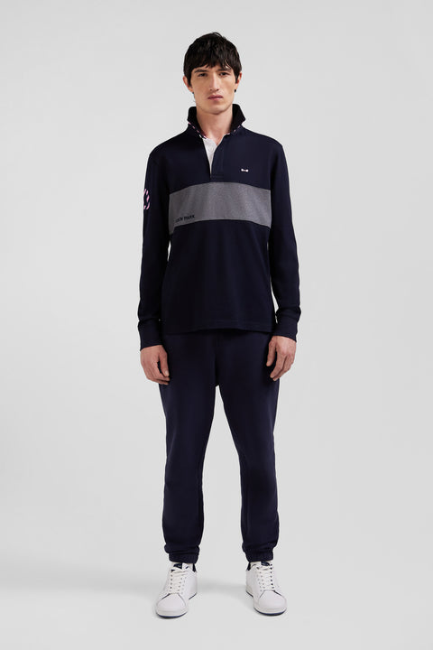 Regular navy long-sleeved cotton rugby shirt with sleeve N°10 embroidery - Image 1