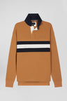 Relaxed camel embroidered long-sleeved cotton rugby shirt