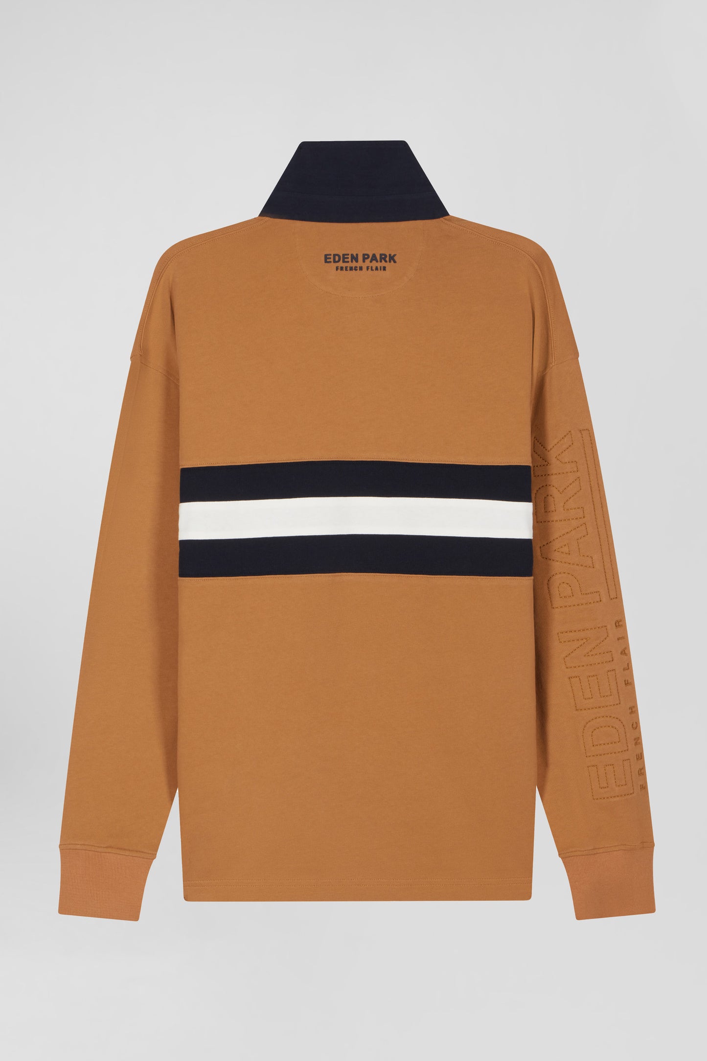 Relaxed camel embroidered long-sleeved cotton rugby shirt