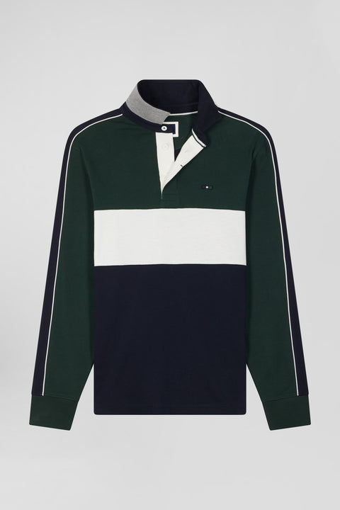 Regular green and navy blue colorblock long-sleeved cotton rugby shirt - Image 2