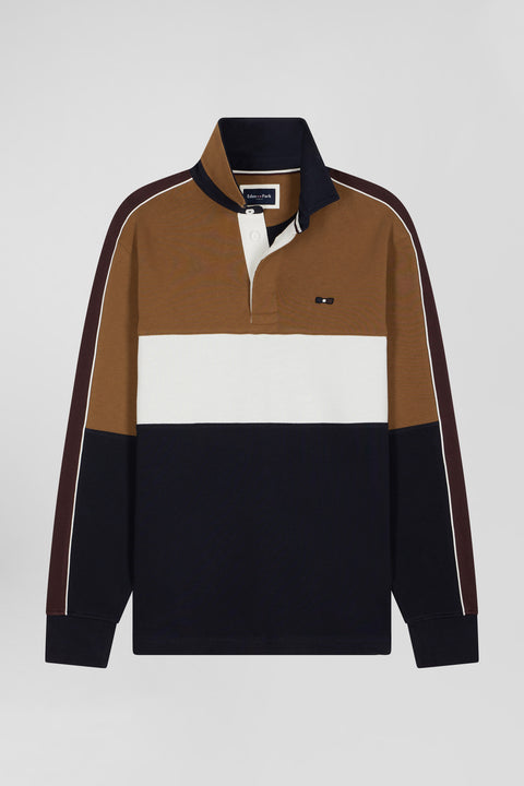 Long-sleeved jersey in hazelnut cotton with back embroidery and regular fit piping - Image 2