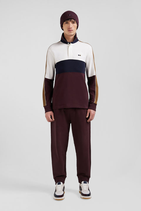 Regular burgundy long-sleeved cotton rugby shirt with back embroidery and piping - Image 1