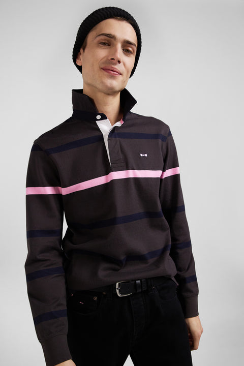 Regular brown striped long-sleeved cotton rugby shirt with back embroidery - Image 3