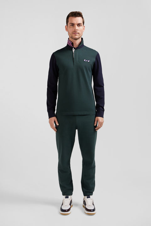 Regular green striped long-sleeved cotton rugby shirt with tie fabric patchwork - Image 1