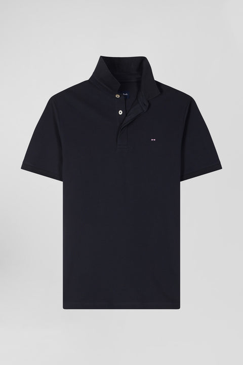Slim navy blue short-sleeved cotton piqué polo shirt - Image 2
