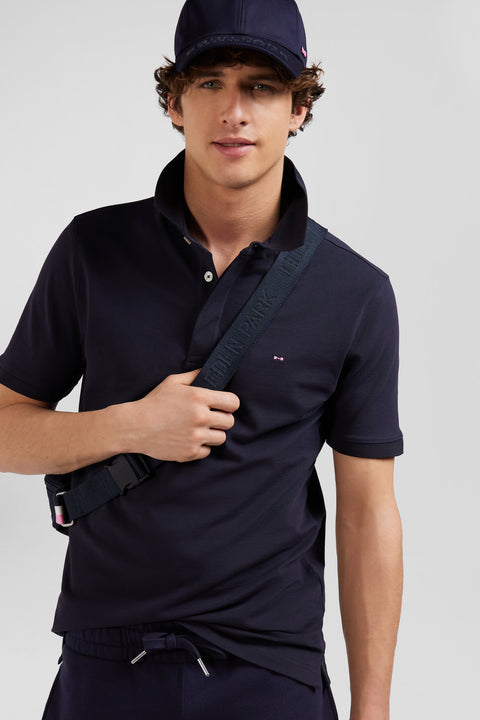 Slim navy blue short-sleeved cotton piqué polo shirt - Image 3