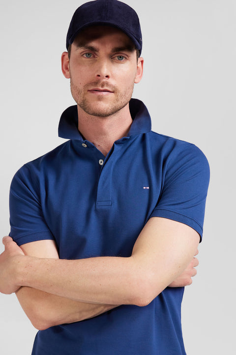 Slim dark blue short-sleeved stretch cotton polo shirt - Image 3
