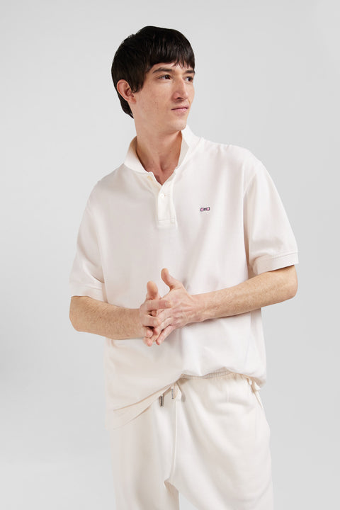 Oversized ecru unisex short-sleeved cotton piqué polo shirt - Image 3
