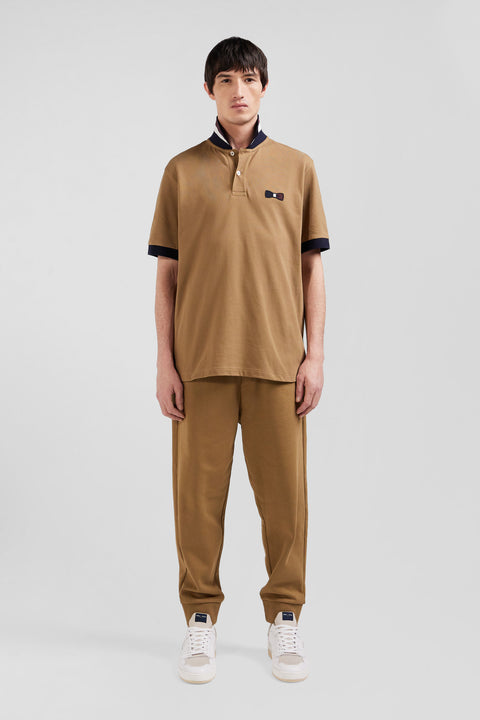Short-sleeved polo shirt in hazelnut cotton piqué with tricolored details Oversized cut - Image 1