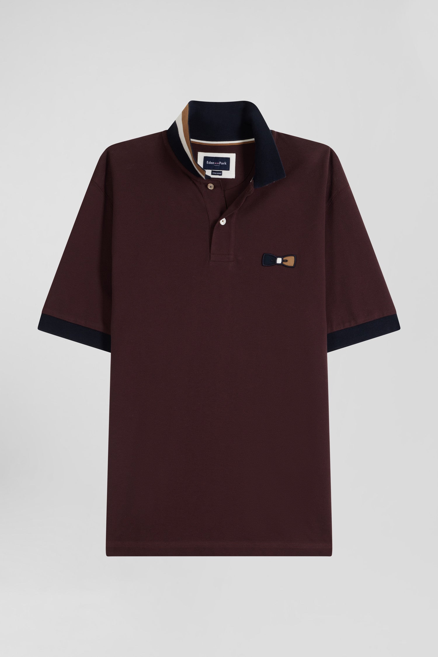 Oversize burgundy short sleeved cotton pique polo shirt with tricolor Eden Park