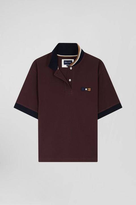 Oversized burgundy short-sleeved cotton piqué polo shirt with tricolour collar - Image 2