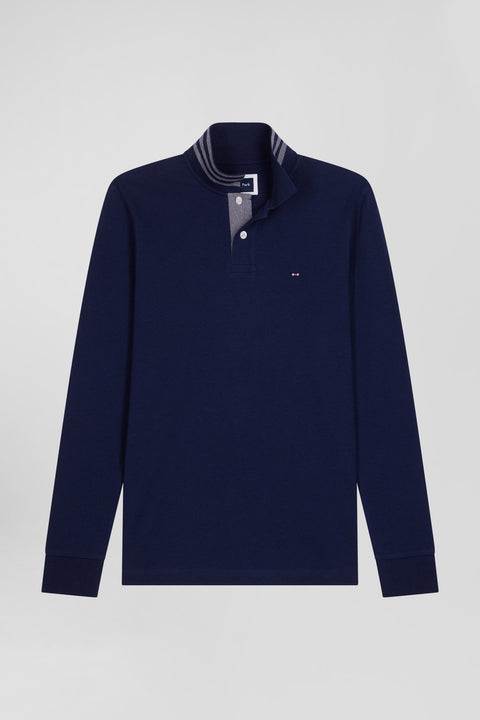 Long-sleeved navy blue cotton piqué polo shirt - Image 2