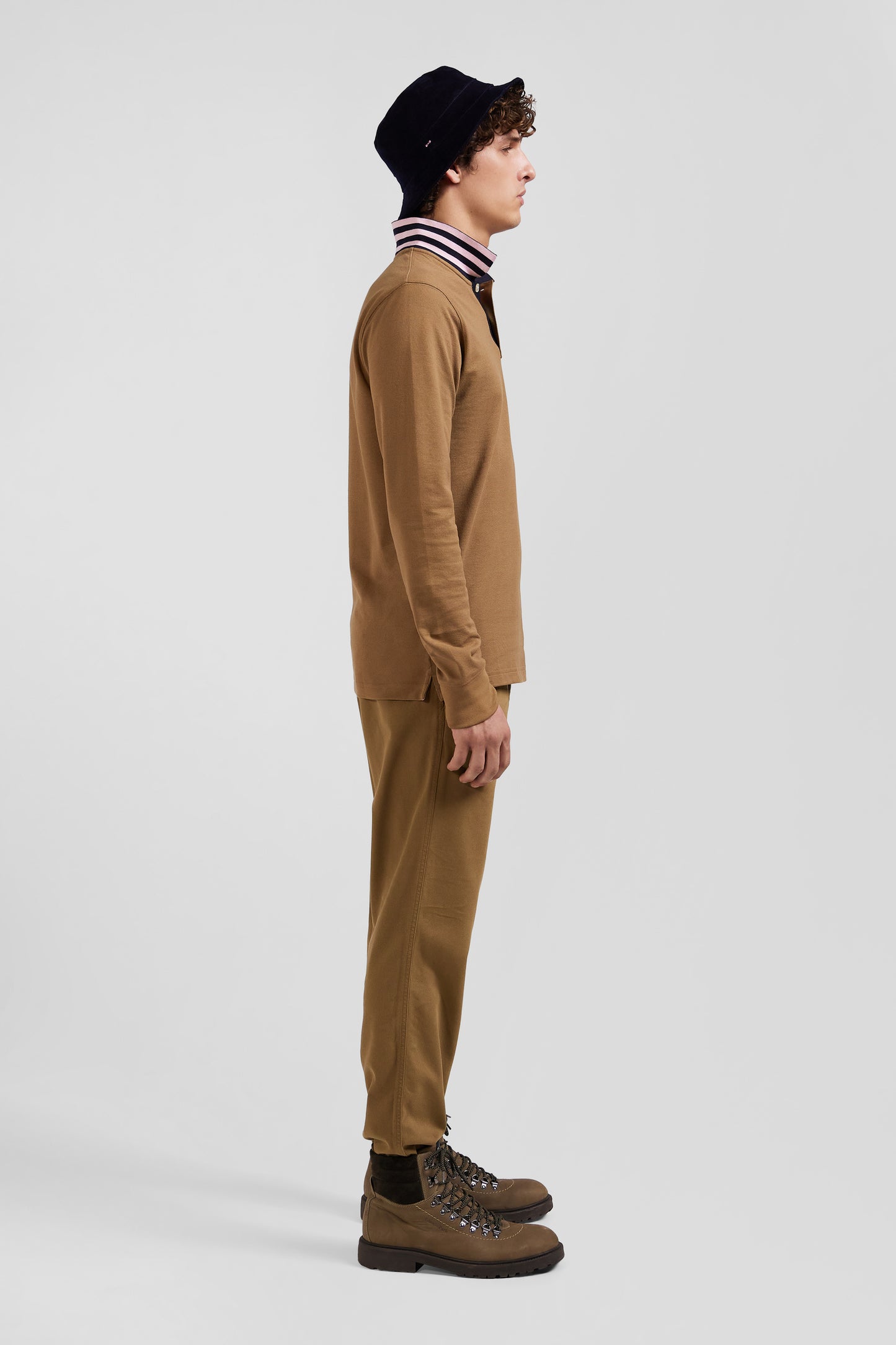 Long-sleeved polo shirt in hazelnut cotton piqué with ring collar Regular fit
