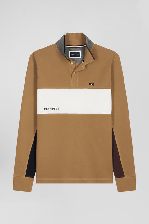 Long-sleeved colorblock polo shirt in hazelnut cotton piqué, regular fit - Image 2
