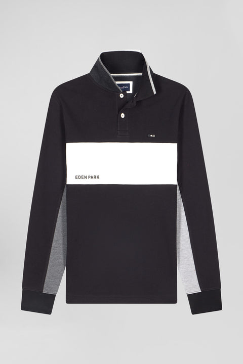 Regular black colorblock long-sleeved cotton piqué polo shirt - Image 2