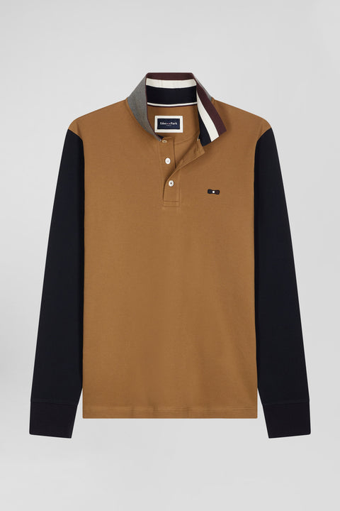 Long-sleeved polo shirt in two-tone cotton piqué with hazelnut jacquard collar Regular fit - Image 2