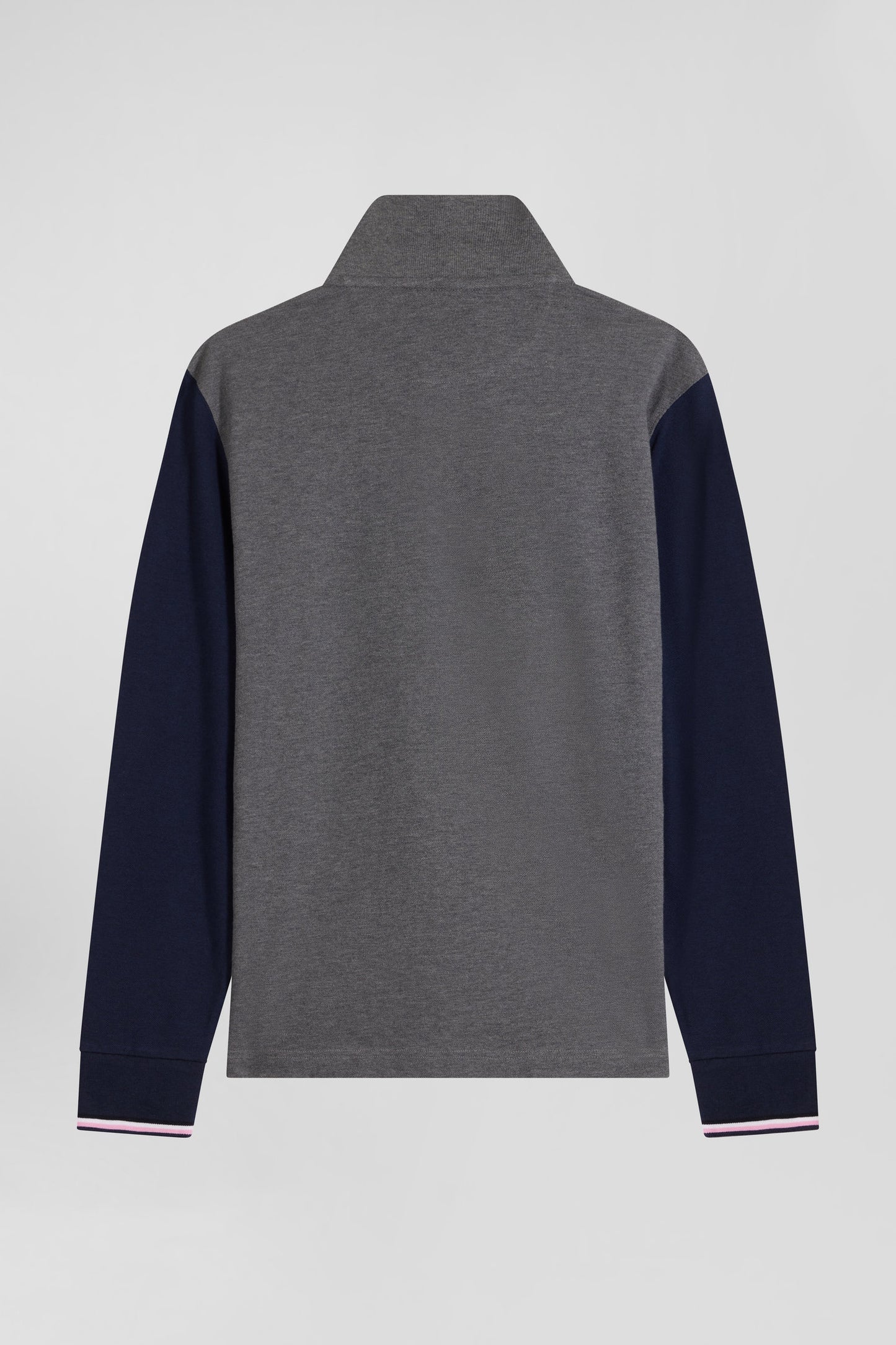 Regular grey long-sleeved cotton piqué polo shirt with jacquard collar and rubber badge