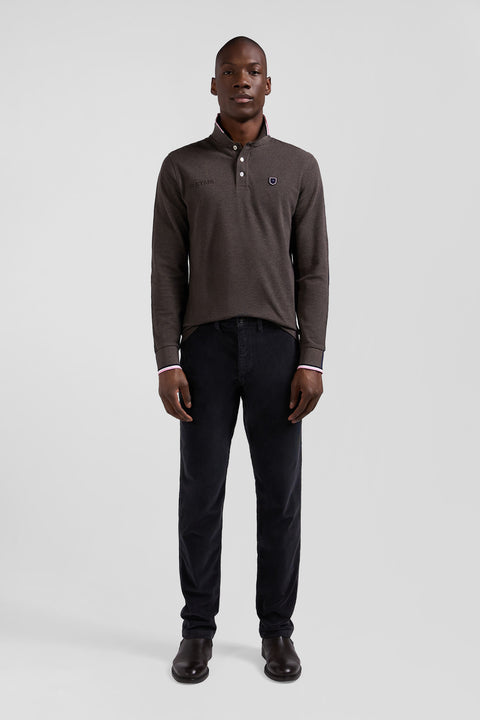 Regular brown long-sleeved cotton piqué polo shirt with tricolor details - Image 1