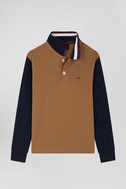 Eden Park regular fit polo shirt, long sleeves, cotton piqué, hazelnut, jacquard tricolour collar - Image 2