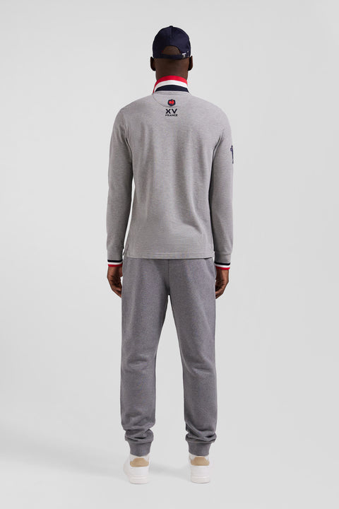 Regular grey long-sleeved cotton piqué polo shirt with XV de France embroidery - Image 3