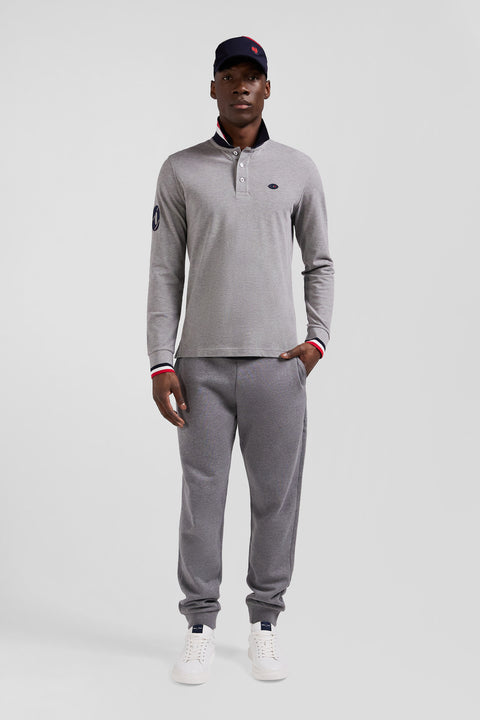 Regular grey long-sleeved cotton piqué polo shirt with XV de France embroidery - Image 1