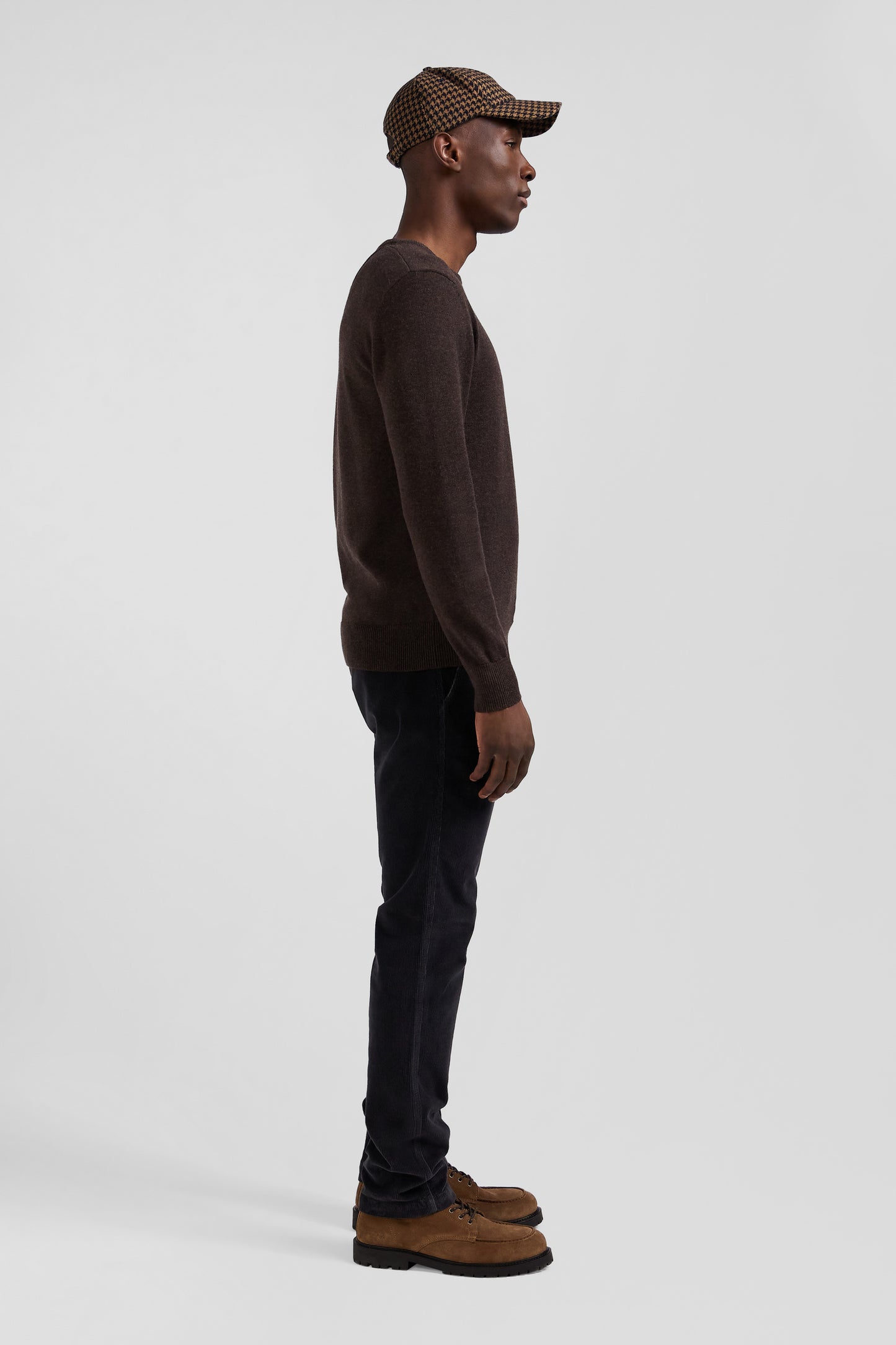 Regular dark brown wool and cotton crew neck jumper