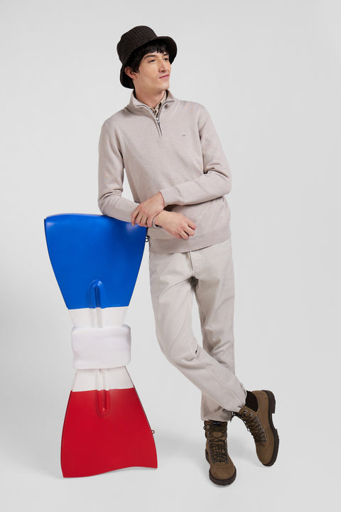 Regular beige semi-zipped wool and cotton jumper - Image 3