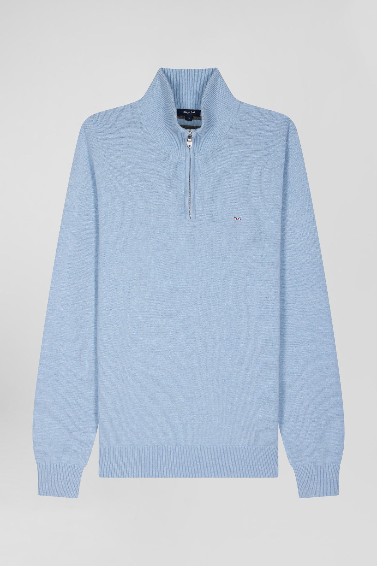 Regular sky blue semi-zipped wool and cotton jumper