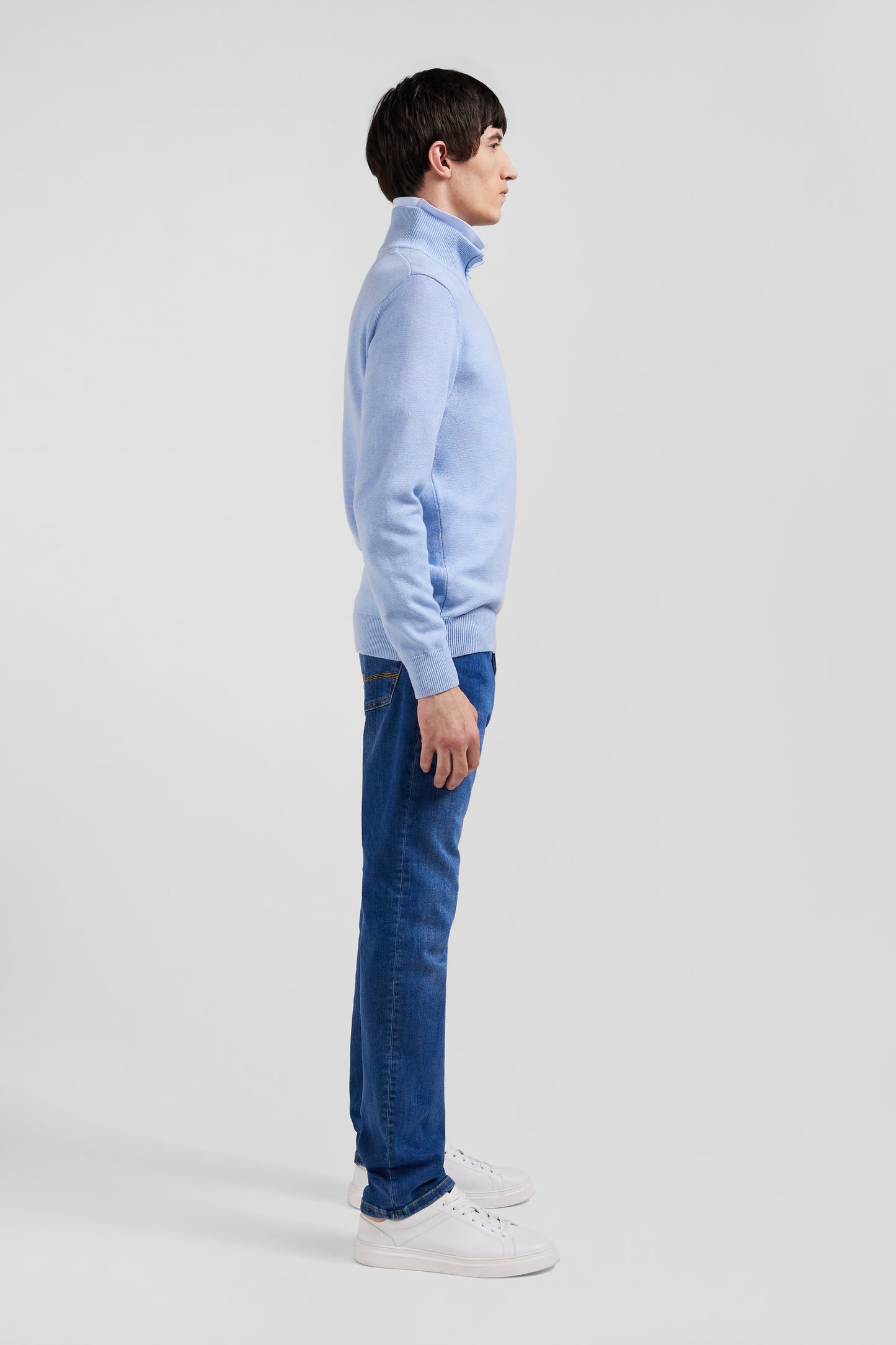 Regular sky blue semi-zipped wool and cotton jumper