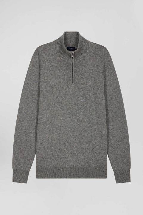 Regular light grey semi-zipped wool and cotton jumper - Image 1