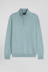 Regular green semi-zipped wool and cotton jumper
