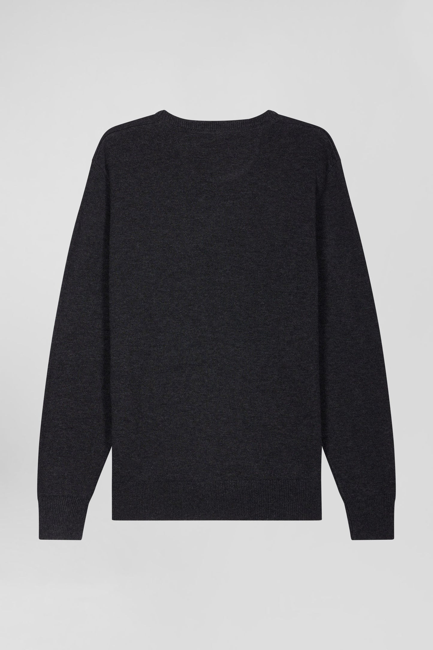 Regular anthracite grey wool and cotton V-neck jumper with striped details