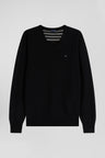 Regular black wool and cotton V-neck jumper with striped details