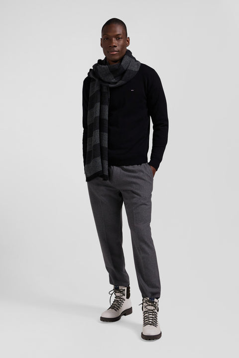 Regular black wool and cotton V-neck jumper with striped details - Image 3