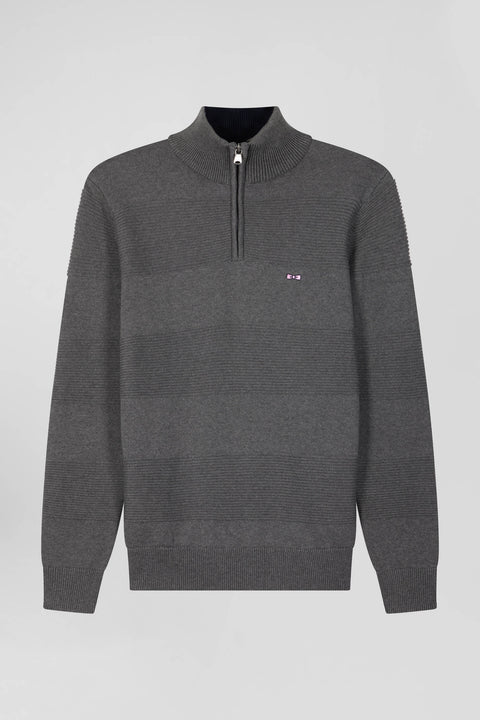 Grey cotton half-zip jumper with knit details Regular fit - Image 2