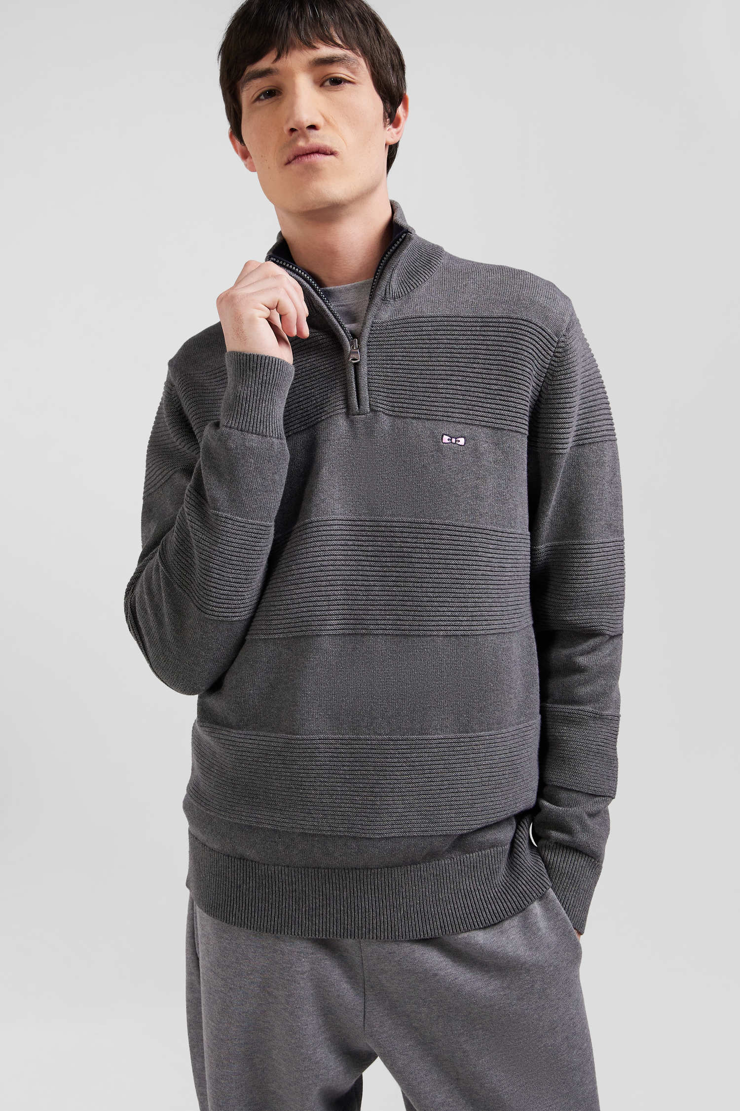 Pull col camionneur en coton gris a jeux de maille coupe Regular