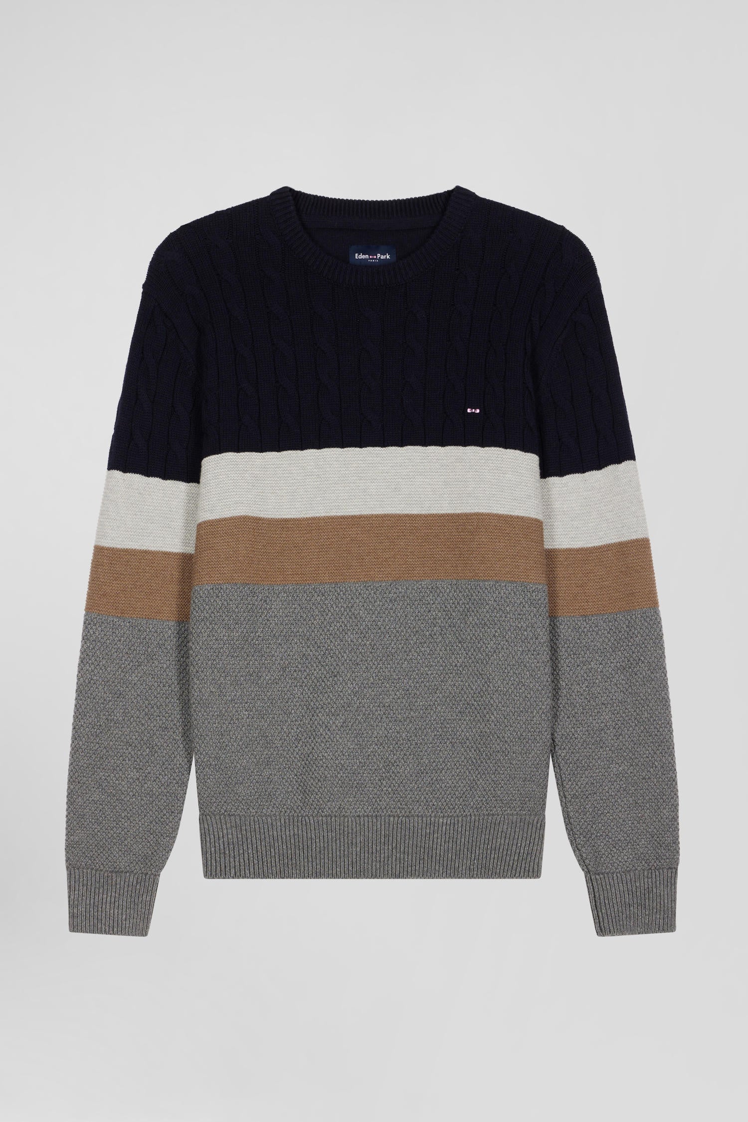 Pull col rond en laine et coton gris a jeux de maille coupe Regular