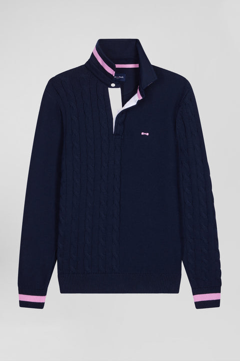 Regular navy blue cotton jumper with rugby shirt collar - Image 2