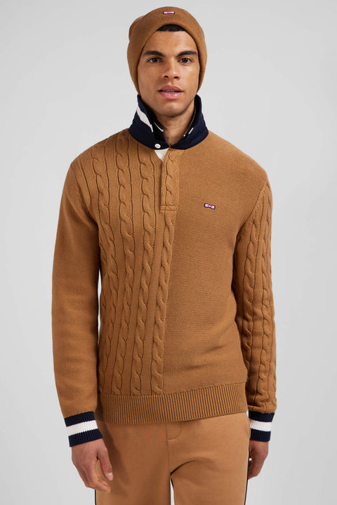 Regular camel cotton jumper with rugby shirt collar - Image 3